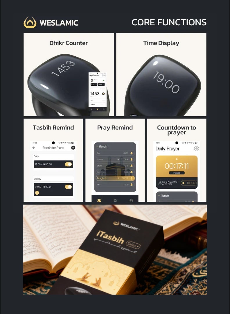 WESLAMIC iTasbih (Salam+) Smart Ring | OLED Display | Zikr Counter | Prayer Reminders | 3 Adjustable Sizes | Magnet Charging | Waterproof | Bluetooth Enabled - Image 3